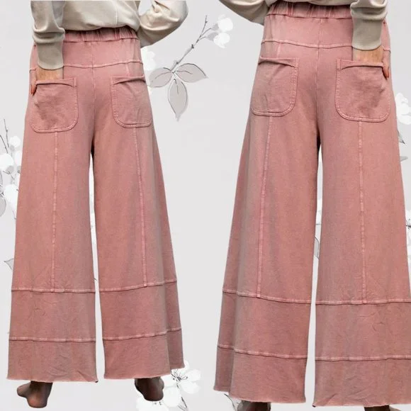 EASEL "Perfect Cargo" Terry Knit Mineral Washed Flared Leg Pants Raw Hem & Seams - Picture 3 of 14